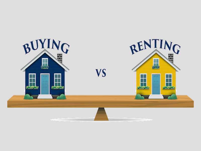 Illustration showing a balanced scale with a blue house labeled “Buying” on one side and a yellow house labeled “Renting” on the other.